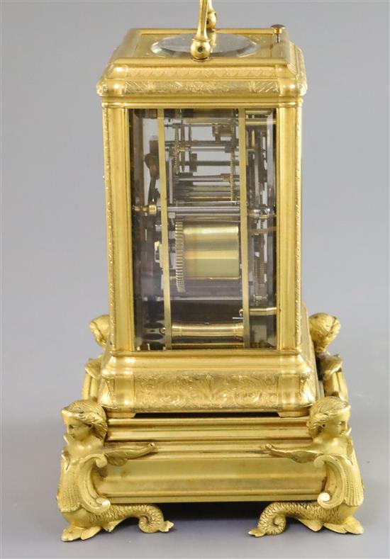 Grohe of London. A Victorian ormolu hour repeating calendar carriage clock, overall height 7.25in.